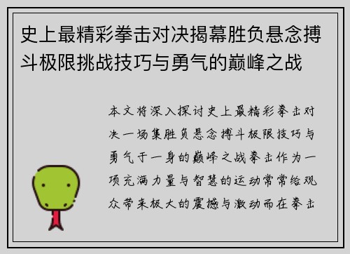 史上最精彩拳击对决揭幕胜负悬念搏斗极限挑战技巧与勇气的巅峰之战