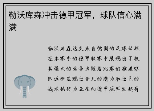 勒沃库森冲击德甲冠军，球队信心满满
